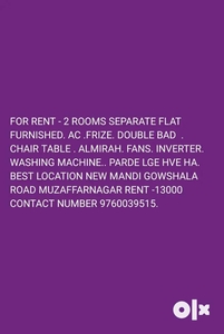 2 ROOMS SEPARATE FLAT FURINSHED FOR RENT BEST LOCATION NEW MANDI MZN
