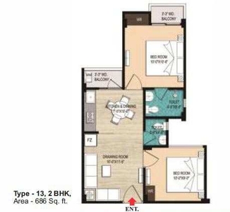 2 BHK Apartment 686 Sq.ft. for Sale in