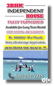 3BHK INDEPENDENT FURNISHED HOUSE AVAILABLE FOR RENT IN BENAULIM.