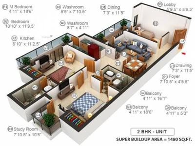 1480 sq ft 2 BHK 2T Apartment for sale at Rs 97.90 lacs in Microtek Greenburg in Sector 86, Gurgaon