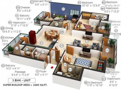 2285 sq ft 3 BHK 3T Apartment for sale at Rs 1.55 crore in Microtek Greenburg in Sector 86, Gurgaon