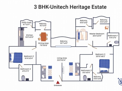 2500 sq ft 3 BHK 3T NorthEast facing Apartment for sale at Rs 1.34 crore in Unitech Heritage Estate in Yelahanka, Bangalore