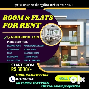 Choose from 1, 2, or 3 BHK rooms/flats for rent.