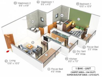 674 sq ft 1 BHK 1T SouthWest facing Apartment for sale at Rs 75.00 lacs in SK Imperial Heights 11th floor in Mira Road East, Mumbai