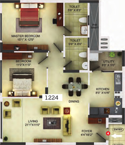 1224 sq ft 2 BHK 2T Completed property Apartment for sale at Rs 1.02 crore in Puravankara Sunflower 10th floor in Rajajinagar, Bangalore