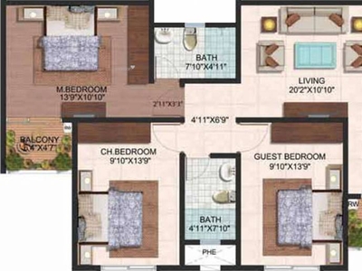 1430 sq ft 3 BHK 2T Completed property Apartment for sale at Rs 64.92 lacs in Brigade Plumeria At Meadows 1th floor in Kanakapura Road Beyond Nice Ring Road, Bangalore
