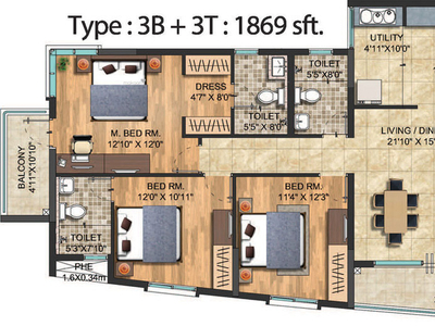1869 sq ft 3 BHK 3T Apartment for sale at Rs 1.21 crore in Sattva Celesta 6th floor in Ramamurthy Nagar, Bangalore