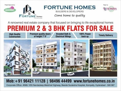 1075 sq ft 2 BHK 2T East facing Apartment for sale at Rs 56.00 lacs in Fortune Homes Shikhara 2th floor in Suchitra, Hyderabad