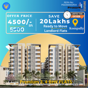 1850 sq ft 3 BHK 3T East facing Apartment for sale at Rs 91.25 lacs in Primark De Stature 1th floor in Kompally, Hyderabad