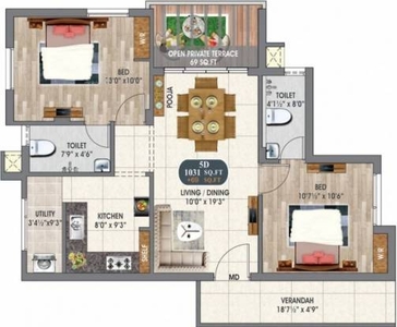 1031 sq ft 2 BHK 2T East facing Completed property Apartment for sale at Rs 90.40 lacs in Residential Flat at Selaiyur 5th floor in Camp Road, Chennai