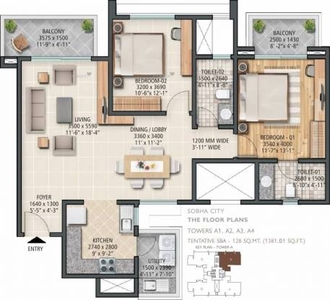 1381 sq ft 2 BHK 2T Apartment for sale at Rs 1.36 crore in Sobha City in Sector 108, Gurgaon