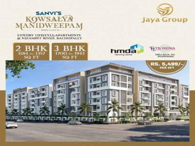 1184 sq ft 2 BHK 2T East facing Apartment for sale at Rs 65.11 lacs in Sanvi kowsalya manidweepam 6th floor in Bachupally, Hyderabad