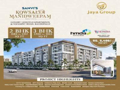 1279 sq ft 2 BHK 2T East facing Apartment for sale at Rs 70.33 lacs in Sanvi kowsalya manidweepam 6th floor in Bachupally, Hyderabad