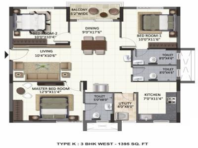 1395 sq ft 3 BHK 3T Under Construction property Apartment for sale at Rs 80.90 lacs in Ramky One Harmony 8th floor in Pragathi Nagar Kukatpally, Hyderabad