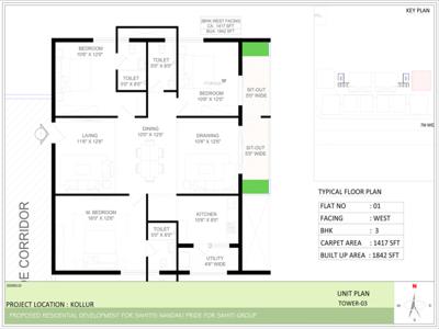 1815 sq ft 3 BHK 3T East facing Apartment for sale at Rs 50.82 lacs in Project in Kollur, Hyderabad