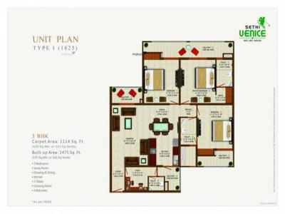 1825 sq ft 3 BHK 3T Apartment for sale at Rs 1.24 crore in Sethi Venice 7th floor in Sector 150, Noida