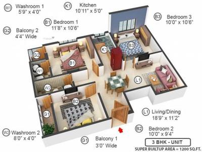 1200 sq ft 3 BHK 3T Apartment for sale at Rs 66.00 lacs in Silver Prestige 2th floor in Lake Town, Kolkata