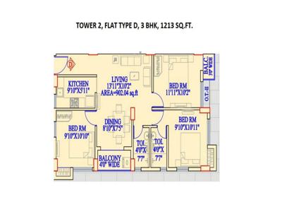 1213 sq ft 3 BHK 2T SouthWest facing Apartment for sale at Rs 72.78 lacs in Gurukul Heights in New Town, Kolkata